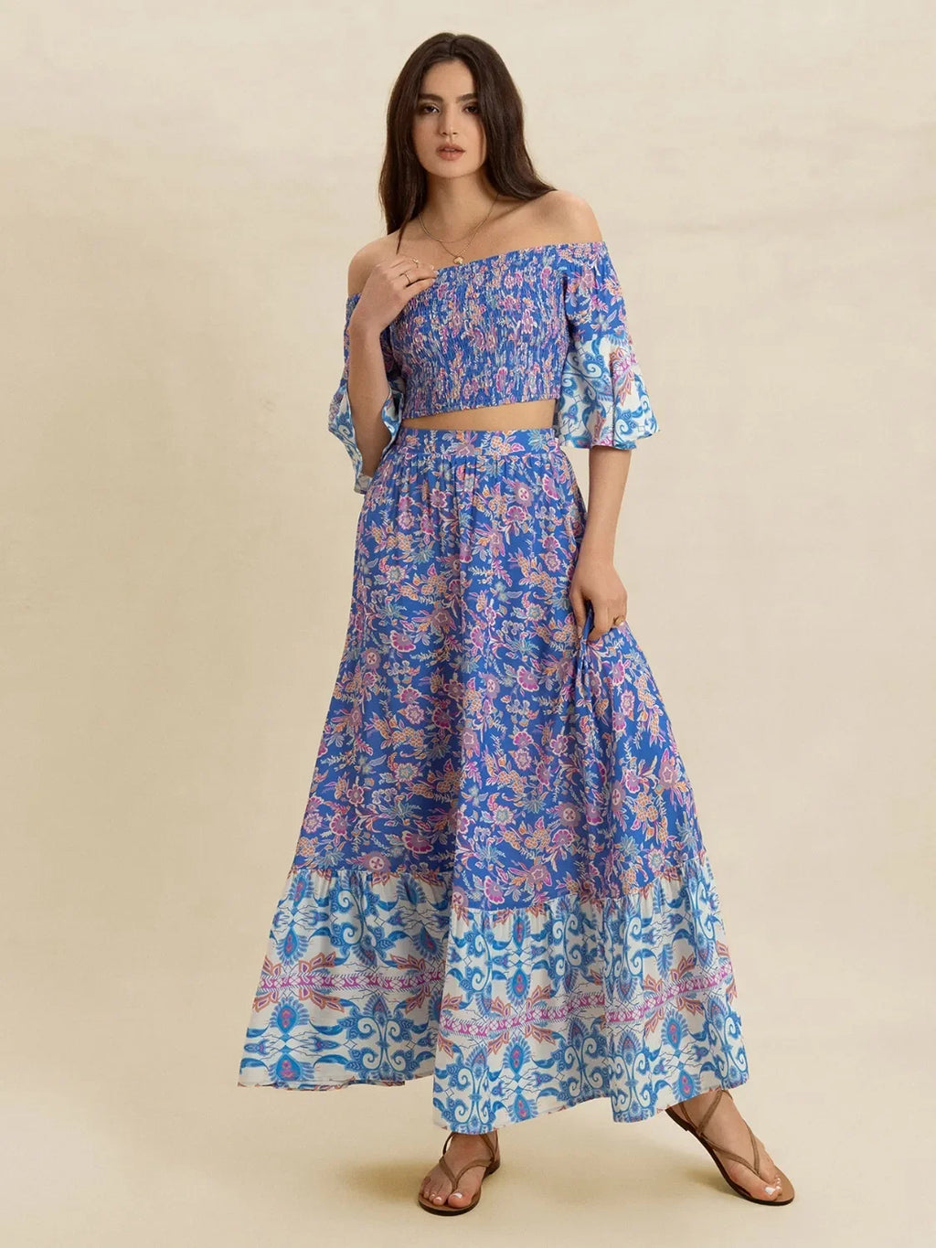 Smocked Off-Shoulder Printed Top and Skirt Set - tif-shop24.de