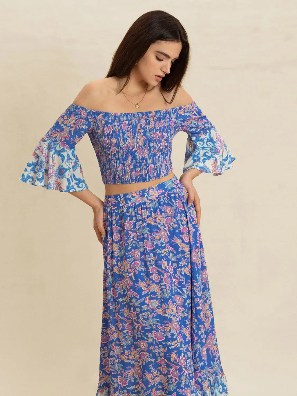 Smocked Off-Shoulder Printed Top and Skirt Set - tif-shop24.de