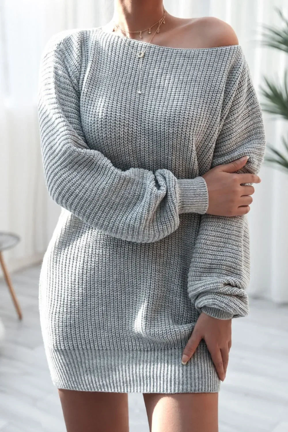 Boat Neck Long Sleeve Mini Sweater Dress - tif-shop24.de
