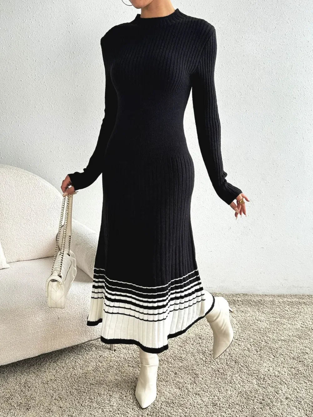 Contrast Mock Neck Long Sleeve Sweater Dress - tif-shop24.de