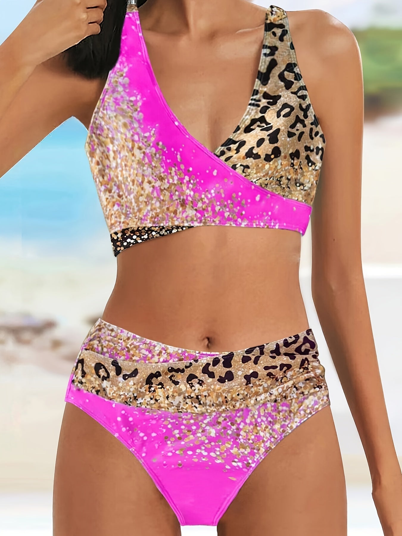 Leopard Print Contrast Color 2-teiliges Set Bikini  Schicht V-Ausschnitt High Cut Bademode