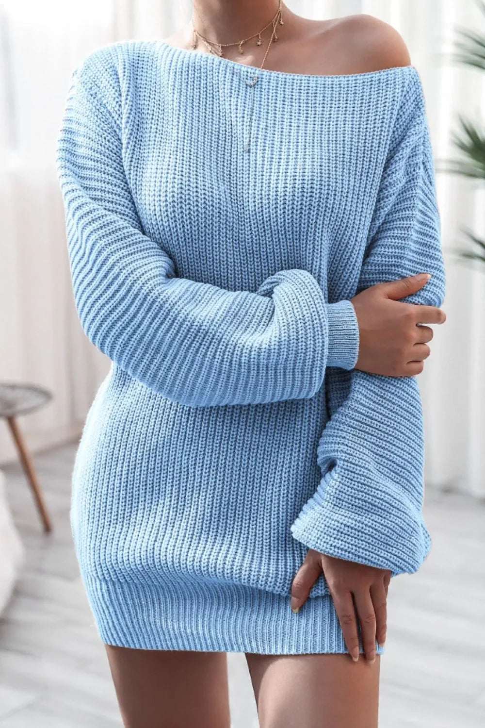 Boat Neck Long Sleeve Mini Sweater Dress - tif-shop24.de