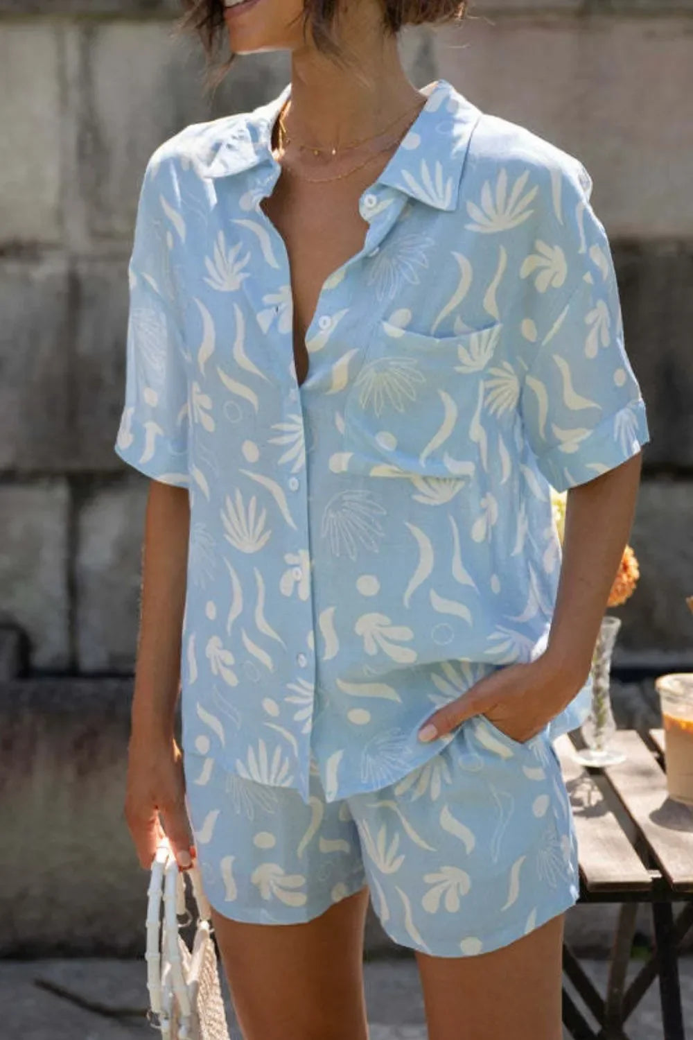 Printed Collared Neck Top and Shorts Set - tif-shop24.de