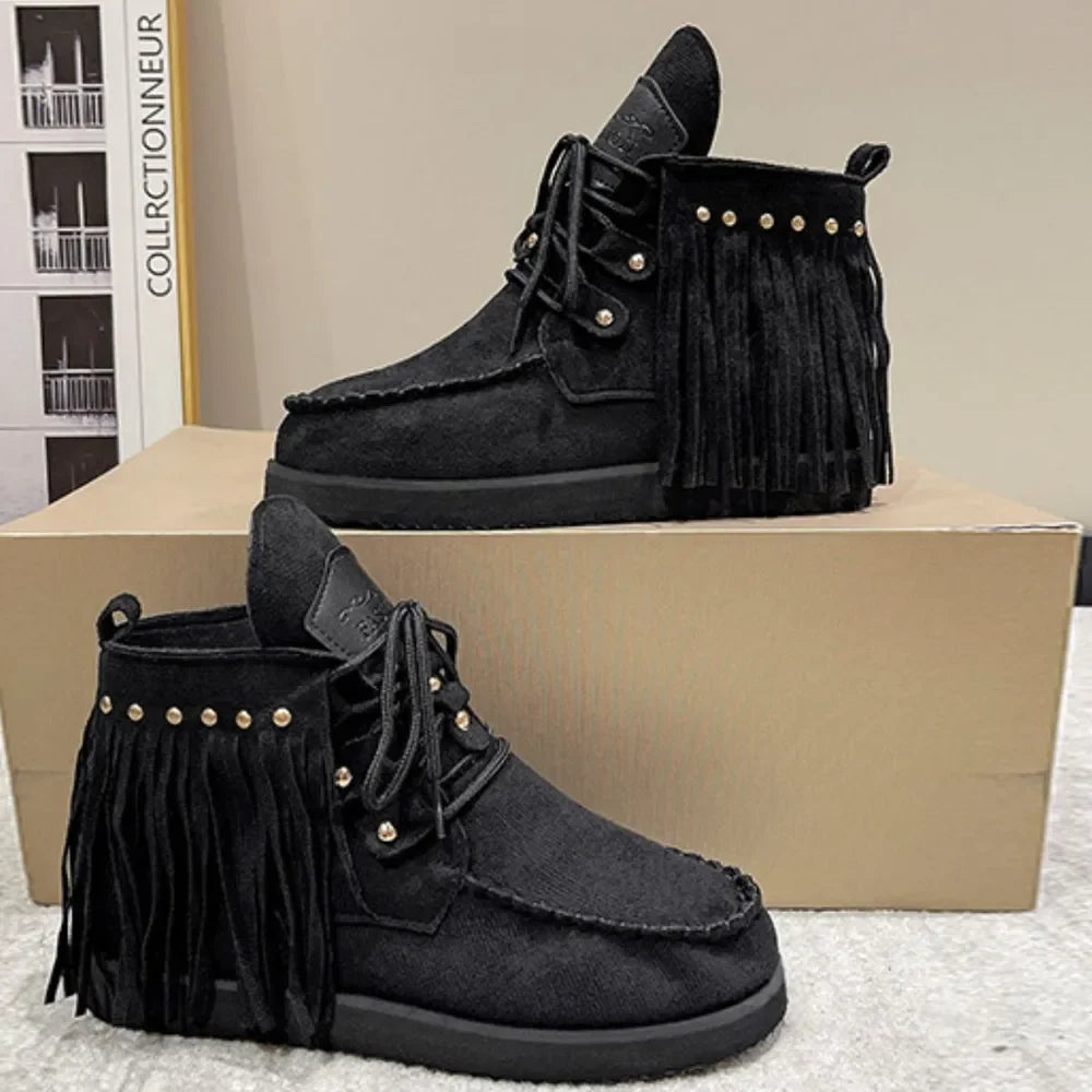 Fringe Studded Round Toe Canvas Boots - tif-shop24.de