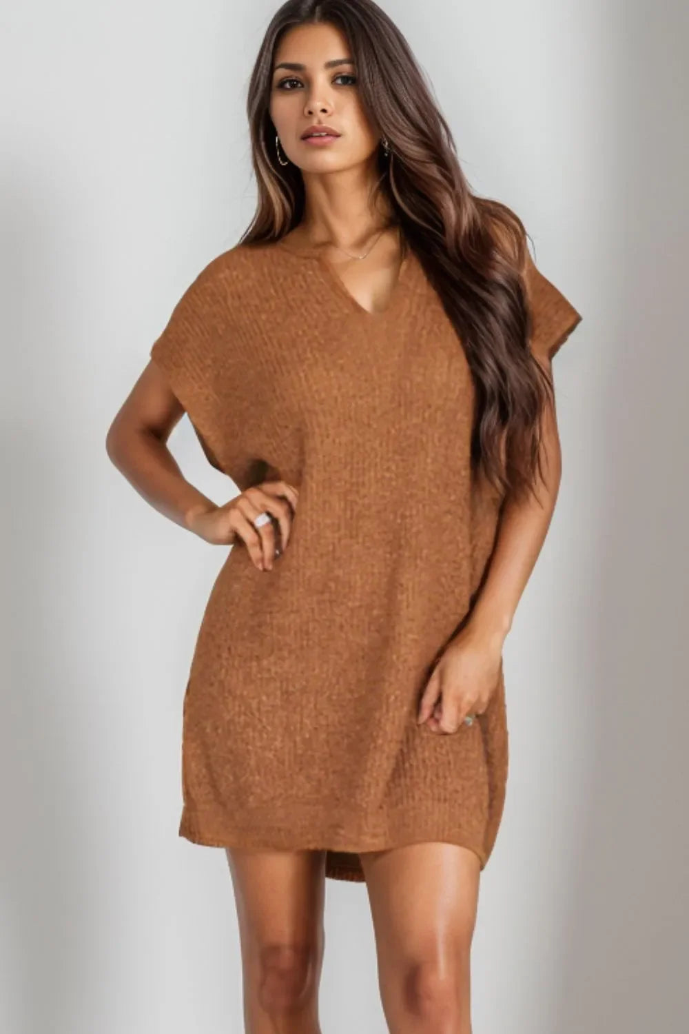 Notched Cap Sleeve Mini Sweater Dress - tif-shop24.de