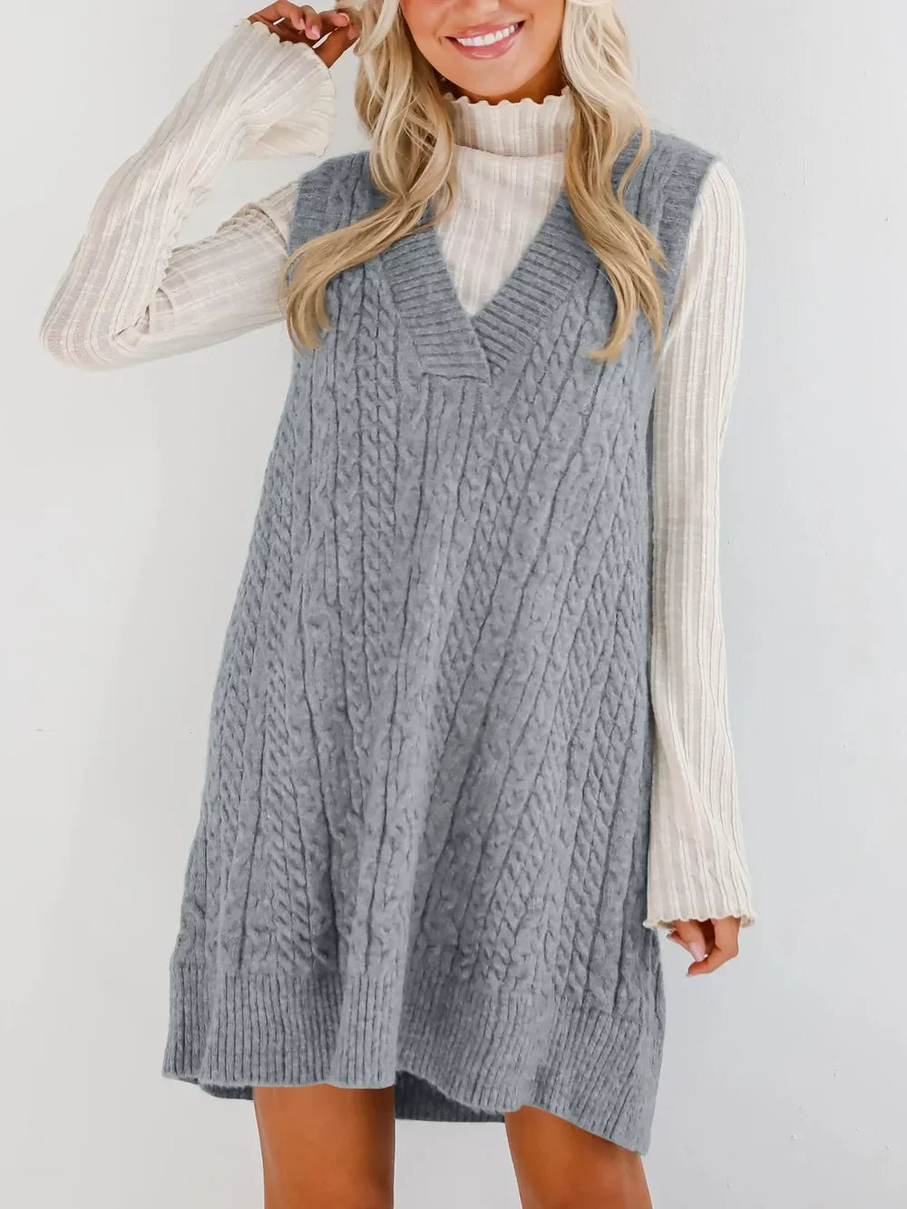Lovelet Cable Knit V-Neck Mini Sweater Overall Dress - tif-shop24.de