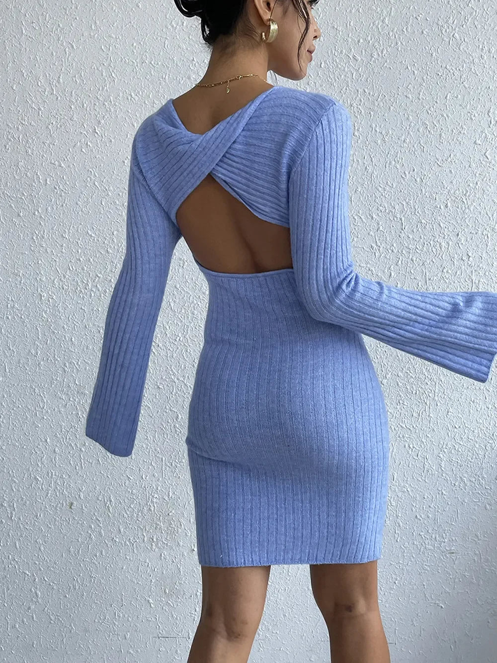 Backless Round Neck Long Sleeve Sweater Dress - tif-shop24.de