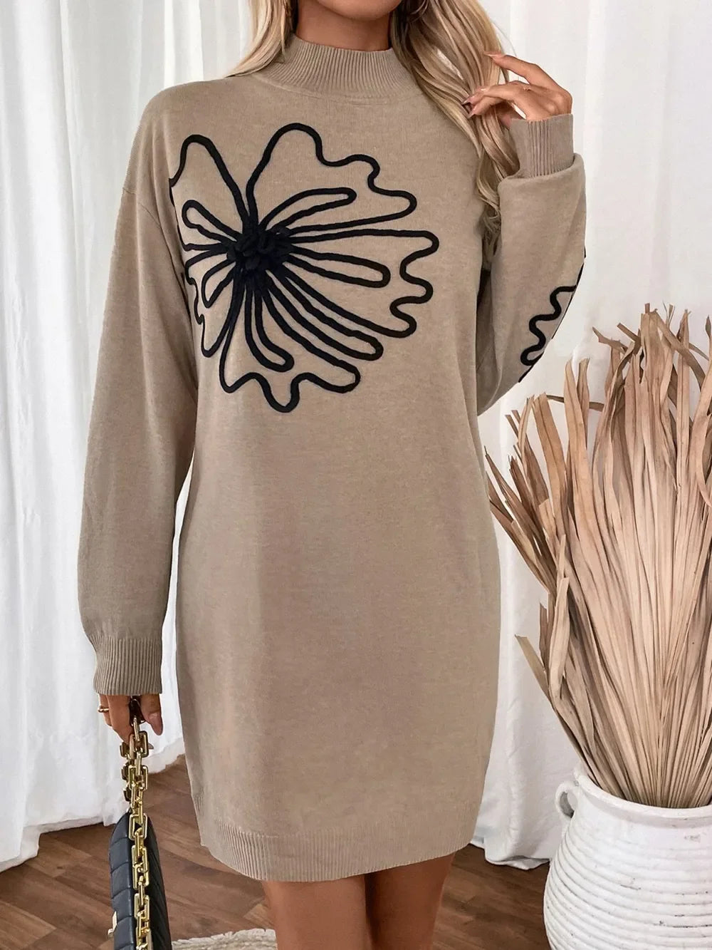Perfee Flower Mock Neck Long Sleeve Sweater Dress - tif-shop24.de