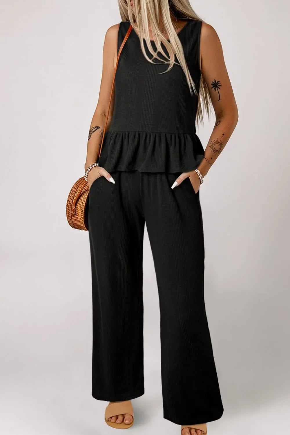 Color Ribbed Ruffle Tank Top and Pants Set - tif-shop24.de