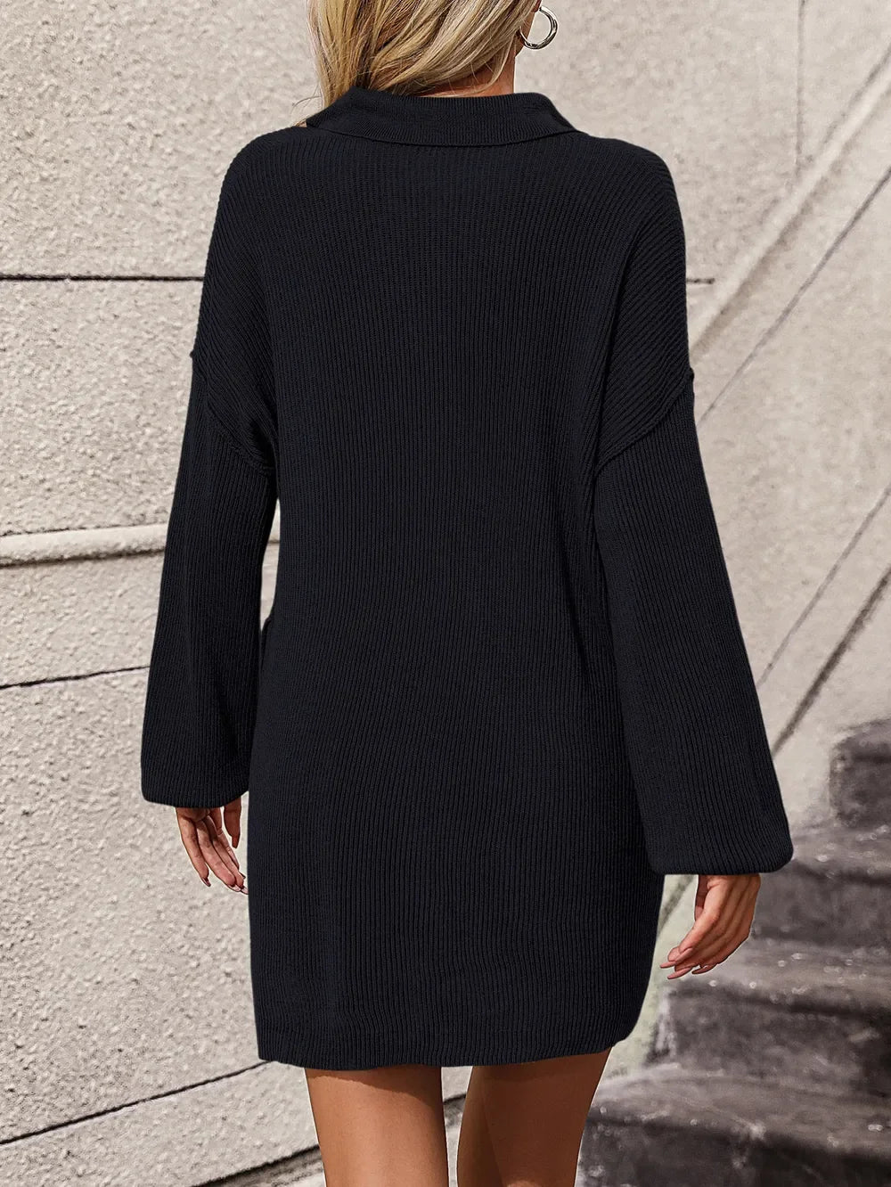 Collared Neck Long Sleeve Sweater Dress with Pockets - tif-shop24.de