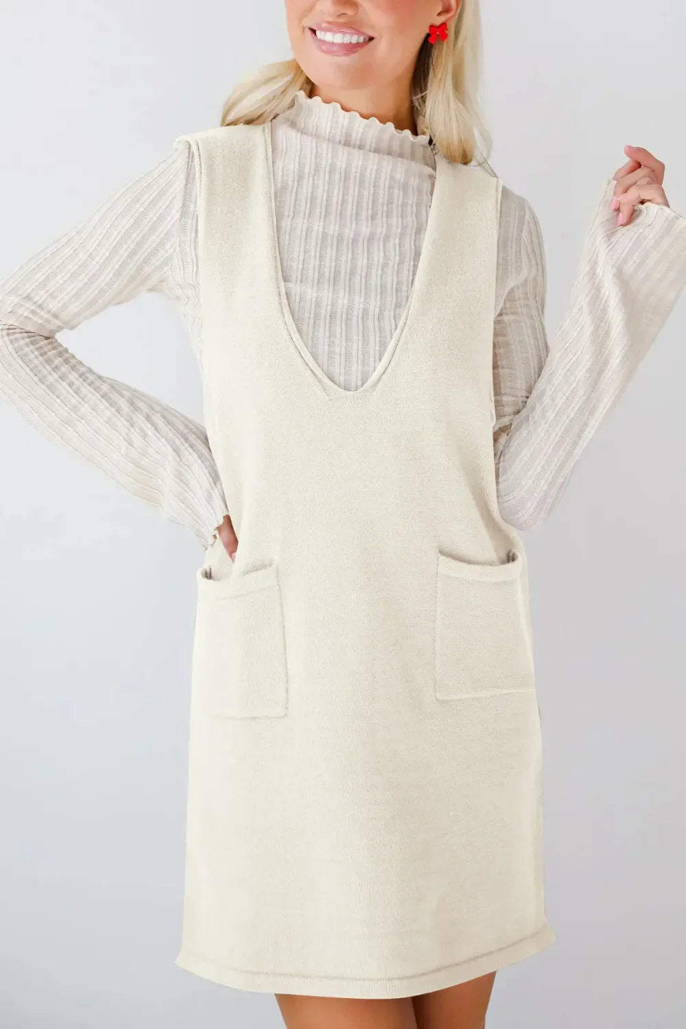 Lovelet Pocketed V-Neck Mini Sweater Overall Dress - tif-shop24.de
