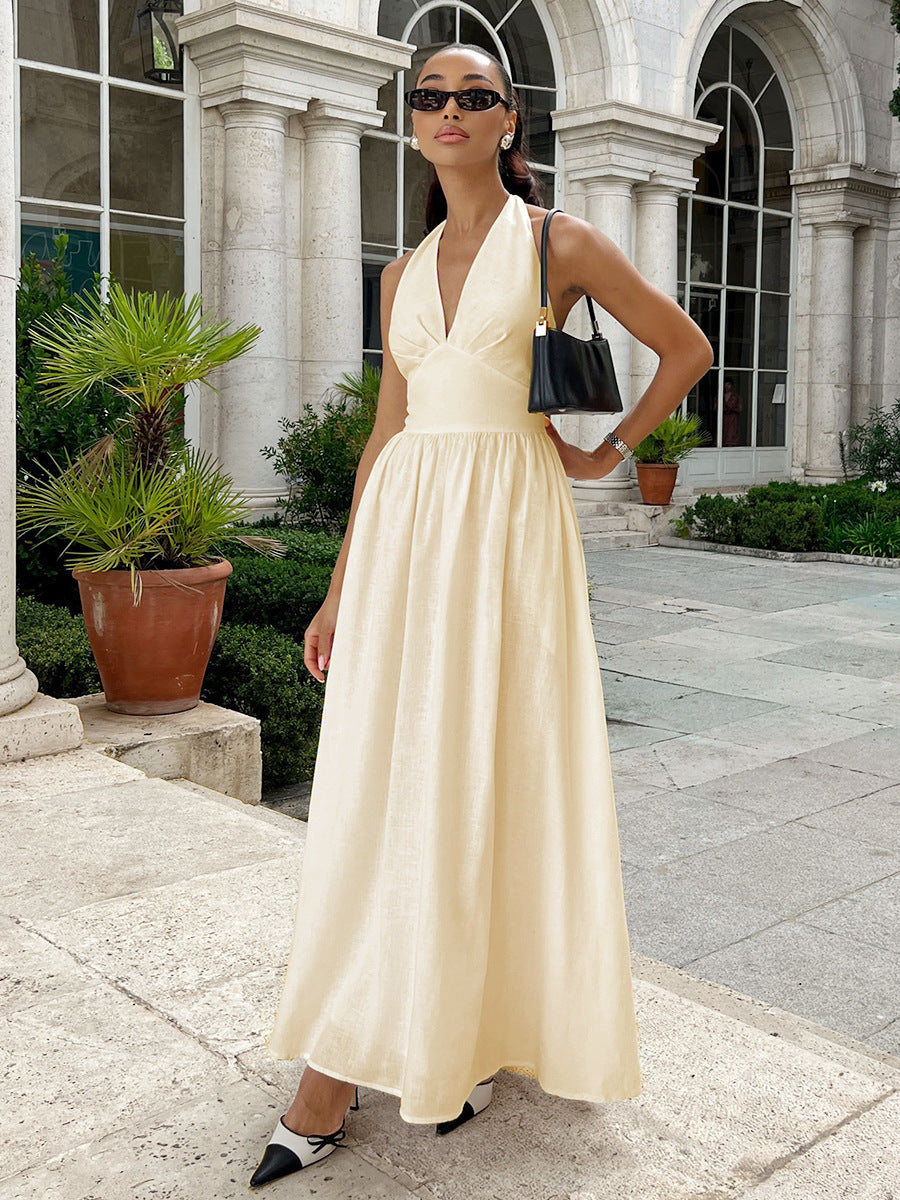 Chic Deep V-Neck Bodice Tie-Back Backless Long Dress for Women