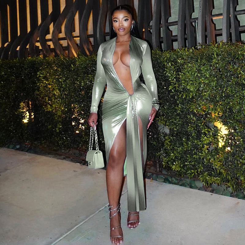 Style Trendy Shiny Design Deep V-Neck Fitted Slit Ribbon Dress