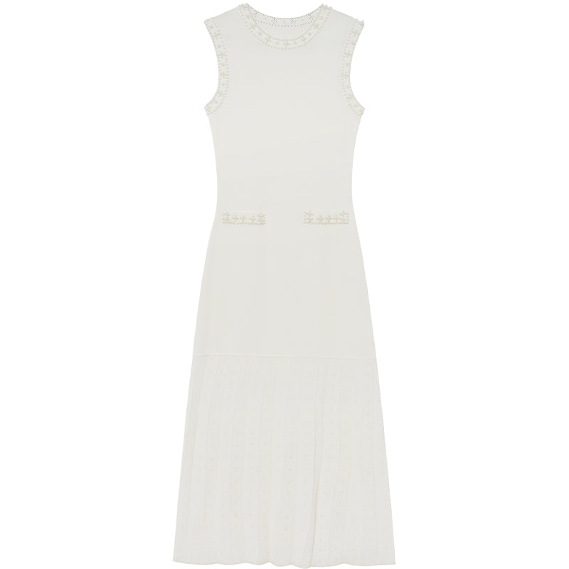 Knitted Pearl Collar Backless Dress Elegant Chic Waist