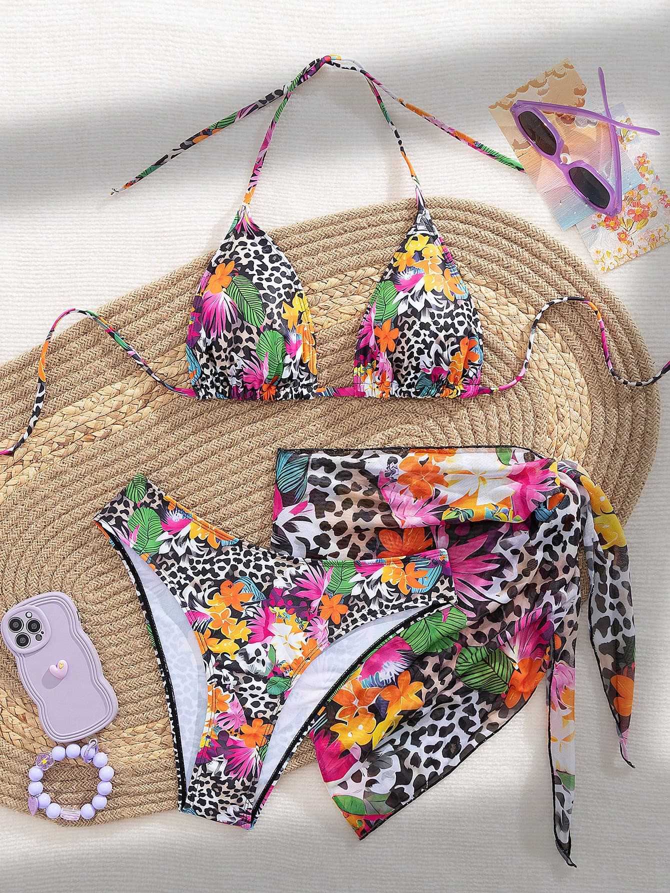 Printed lace up backless swimsuit