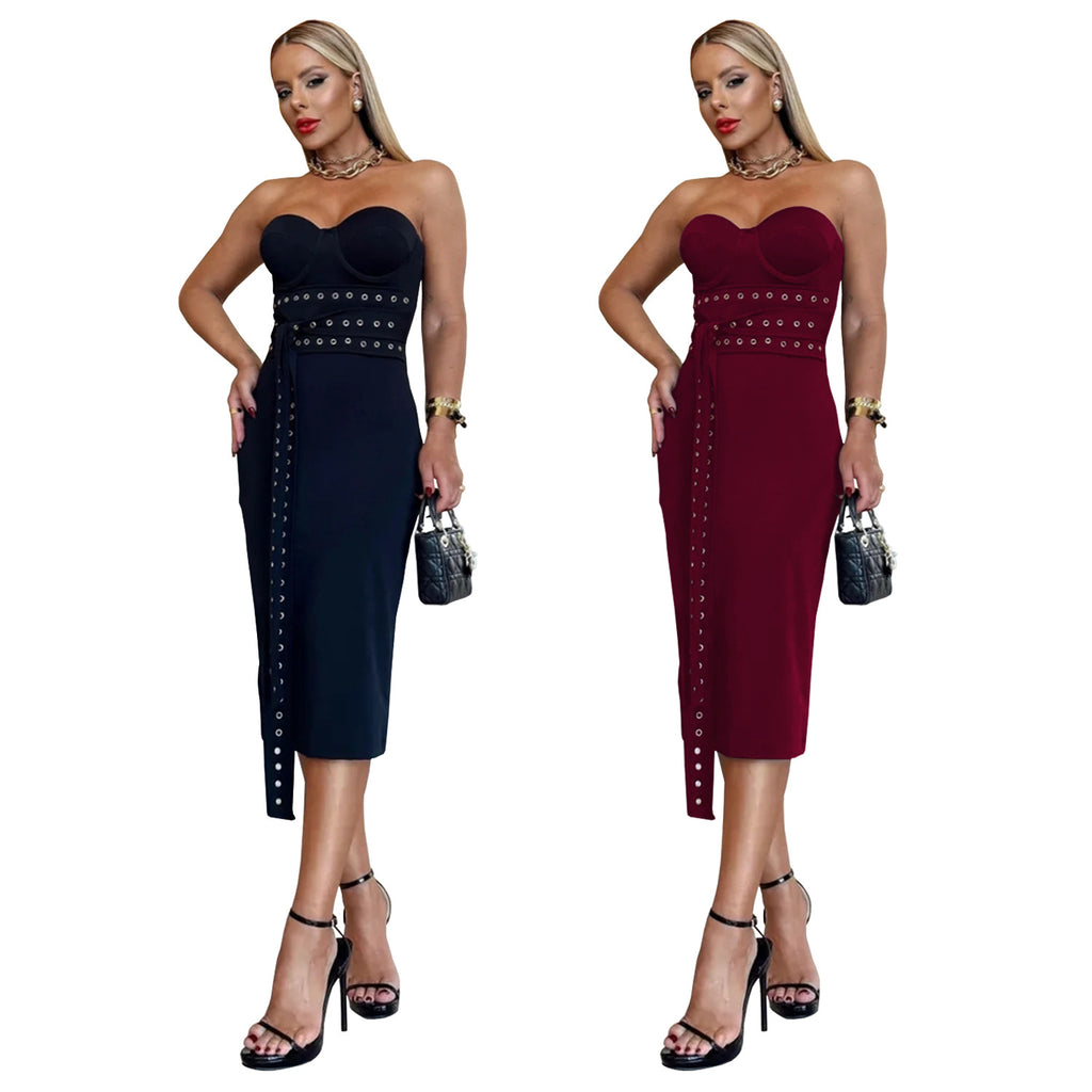 Fashion Women's Sexy Strapless Tie-up Eyelet Fitted Dress