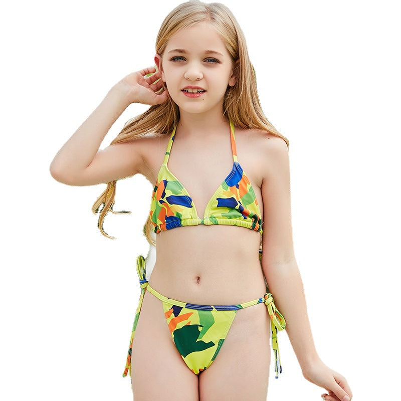 New Split Children's Swimsuit Bikini Multicolor Small Fresh Lace Camouflage Backless