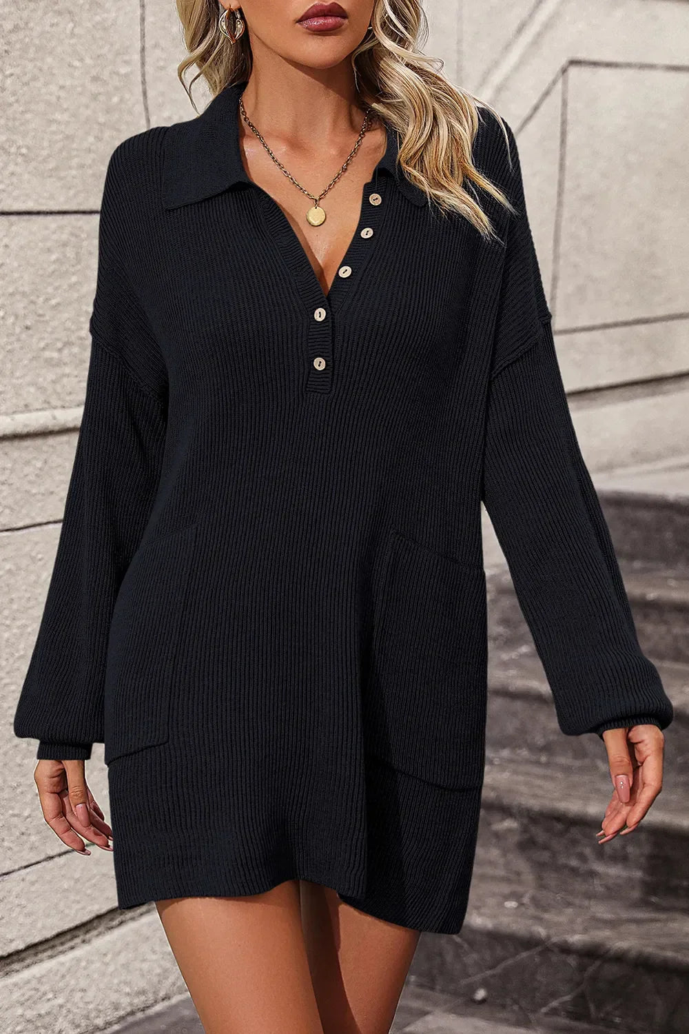 Collared Neck Long Sleeve Sweater Dress with Pockets - tif-shop24.de