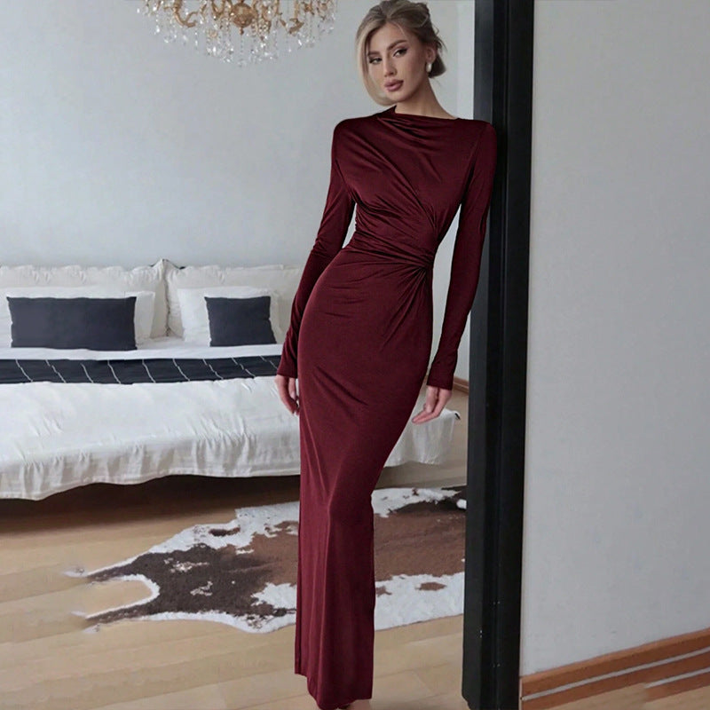 Fashionable  Women's Bodycon Pleated Dress with Waist Cinching, Casual Wear, Autumn Season