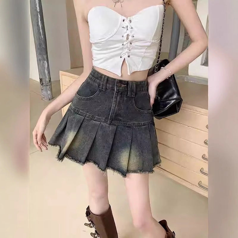 Retro Pleated Denim Skirt for Women, High-Waisted A-Line Short BodyconAnti-Slip Design