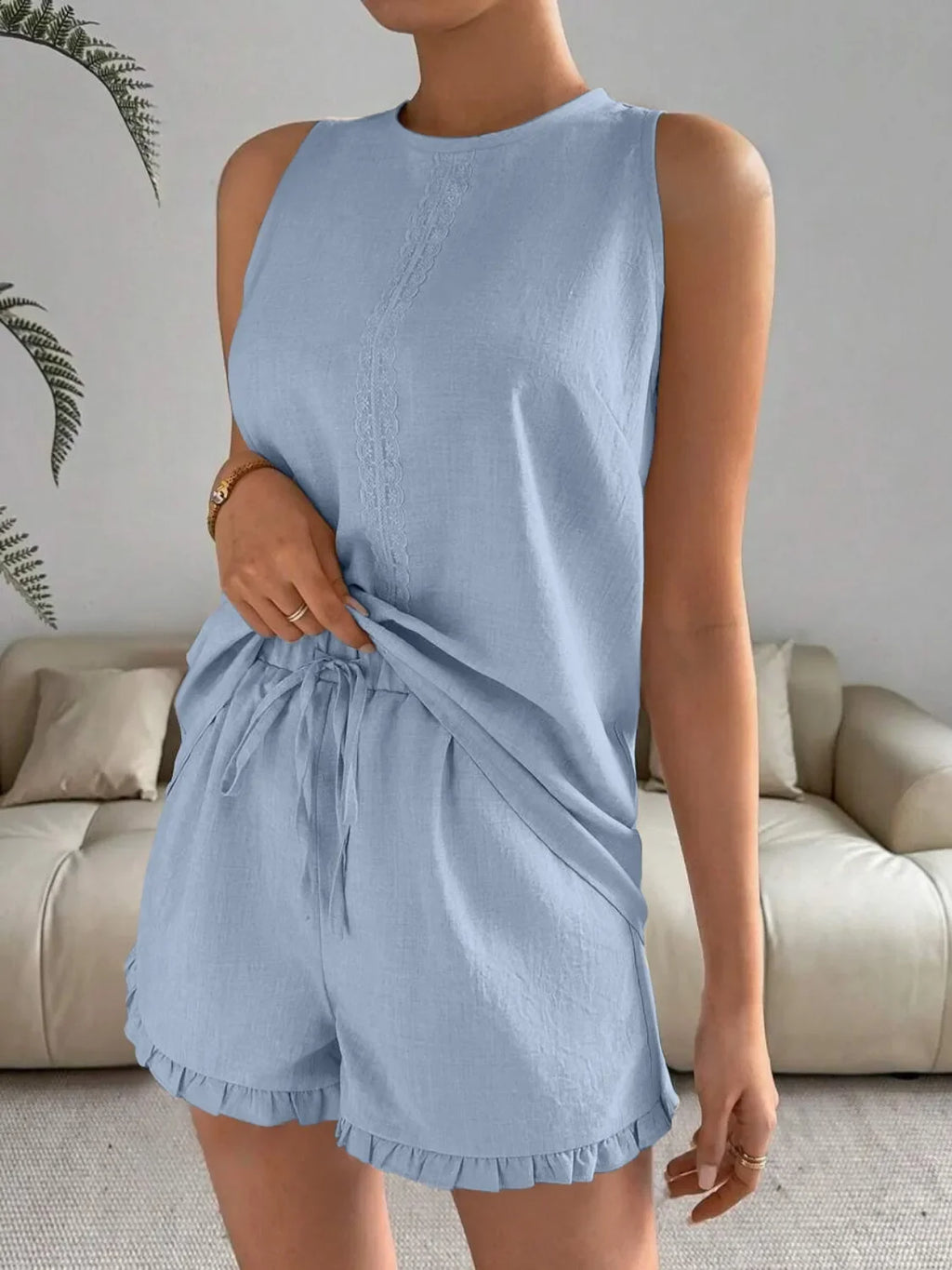 Lace Detail Round Neck Tank and Shorts Set - tif-shop24.de