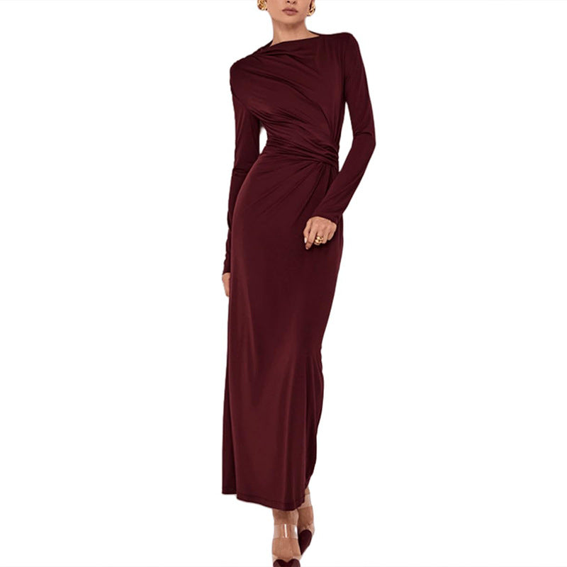 Fashionable  Women's Bodycon Pleated Dress with Waist Cinching, Casual Wear, Autumn Season