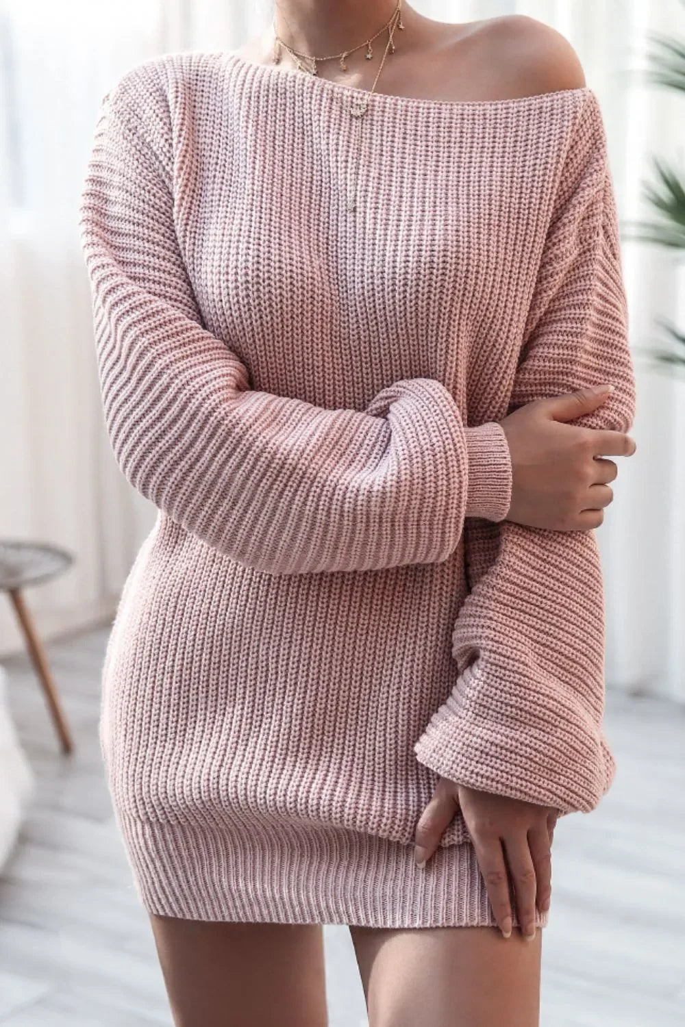 Boat Neck Long Sleeve Mini Sweater Dress - tif-shop24.de