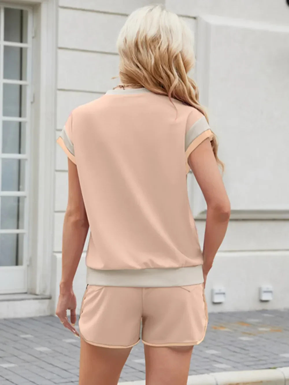 Contrast Round Neck Top and Shorts Set - tif-shop24.de