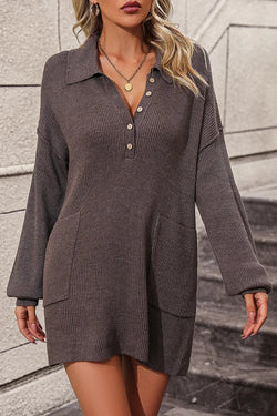 Collared Neck Long Sleeve Sweater Dress with Pockets - tif-shop24.de