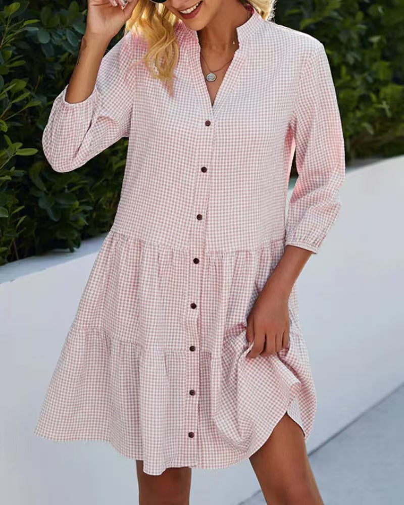 Chic  Style Plaid Stand Collar Sleeveless Open Front Loose Dress