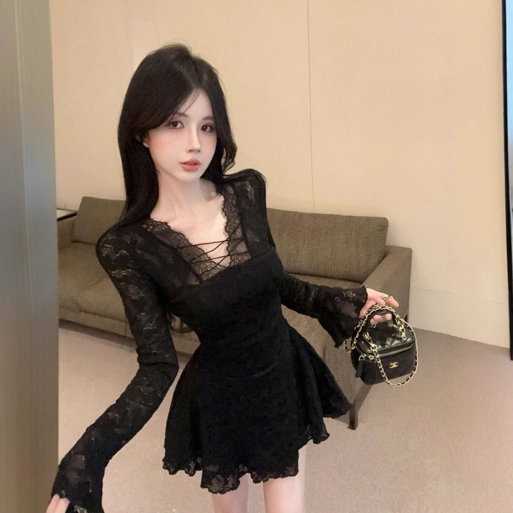 Pure Seductive Black Lace Dress for Women, Autumn Fitted Slim Long Sleeve Mini Dress