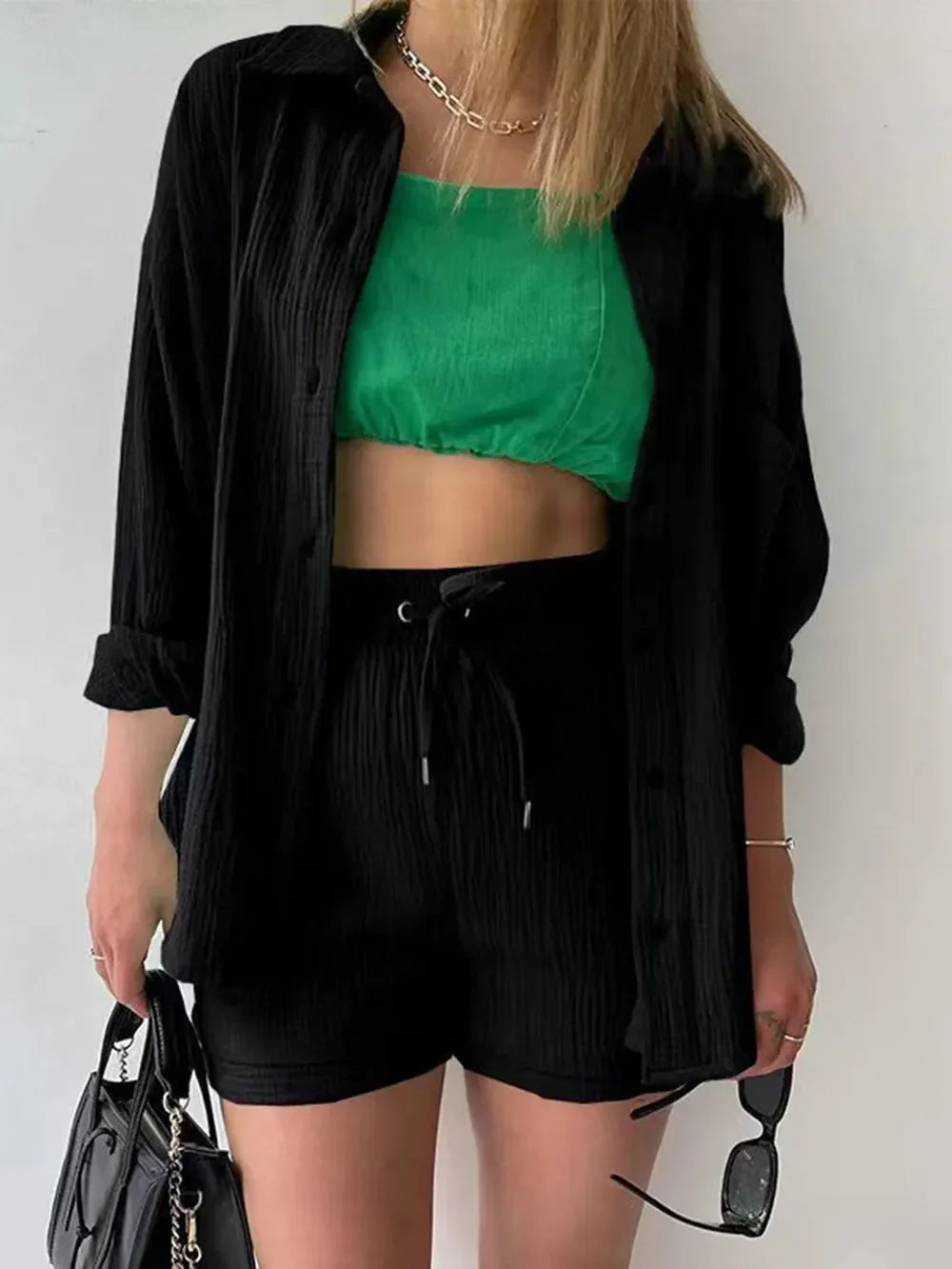 Texture Button Up Shirt and Drawstring Shorts Set - tif-shop24.de