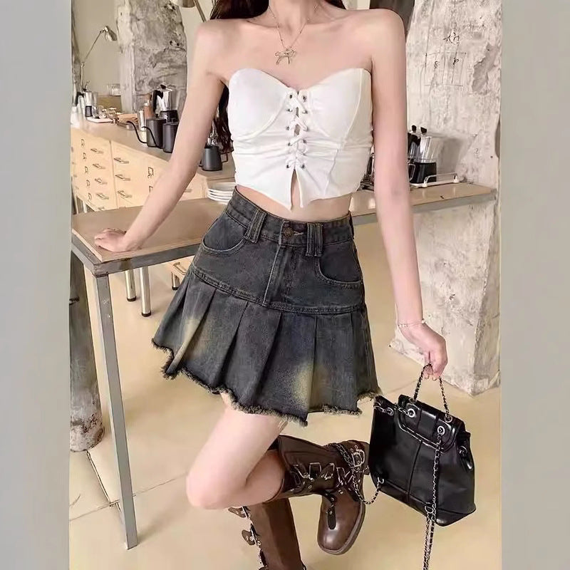 Retro Pleated Denim Skirt for Women, High-Waisted A-Line Short BodyconAnti-Slip Design