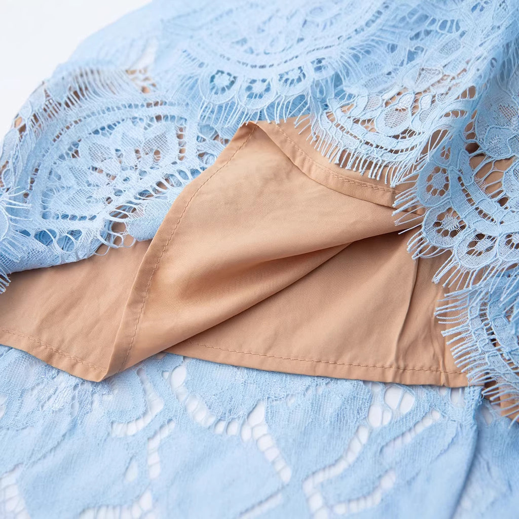 Fashion Design Blue Embroidered Lace Cut-Out Sleeveless A-Line Dress