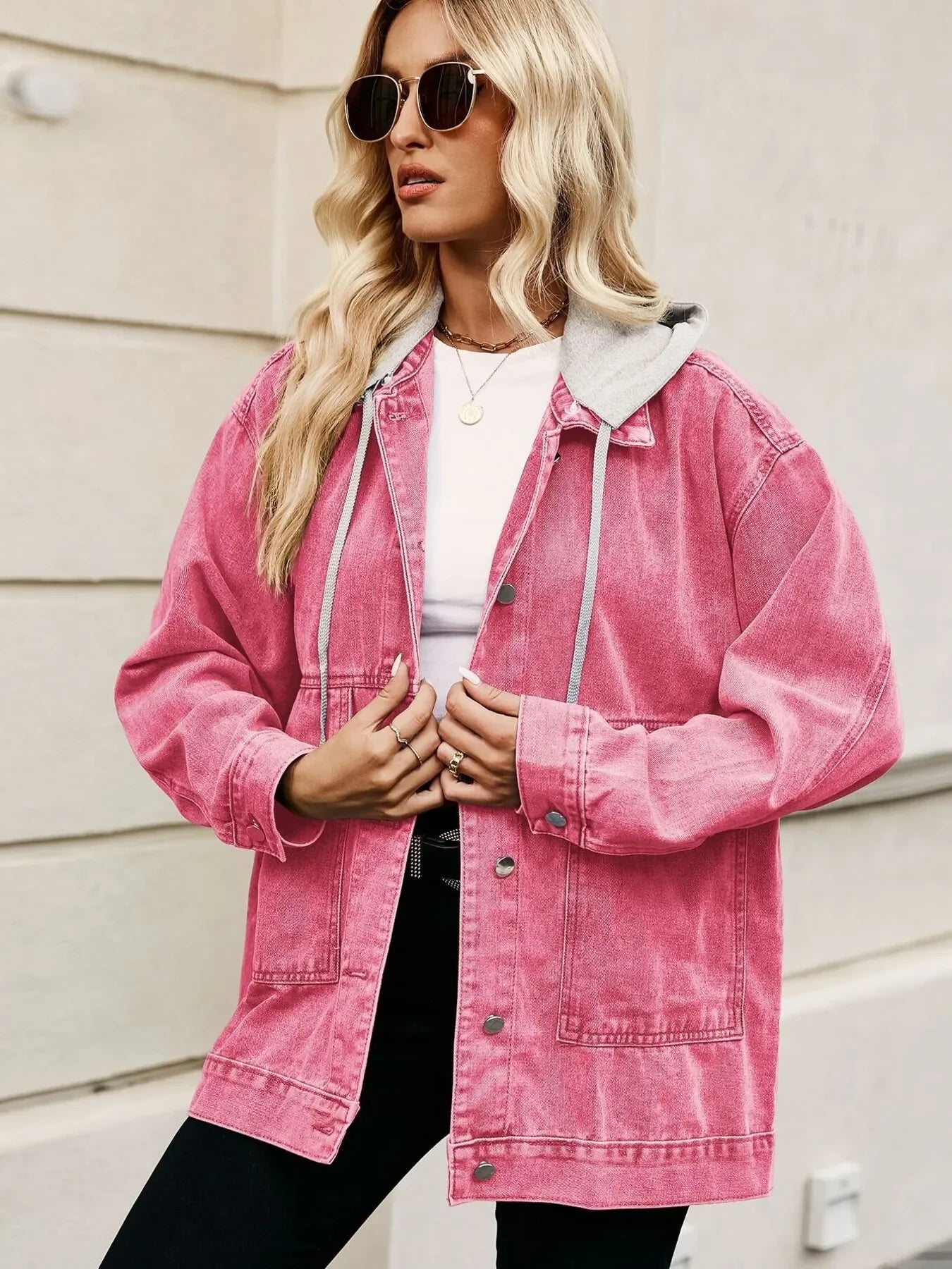 Oversized Button Up Denim Jacket with Hood - tif-shop24.de