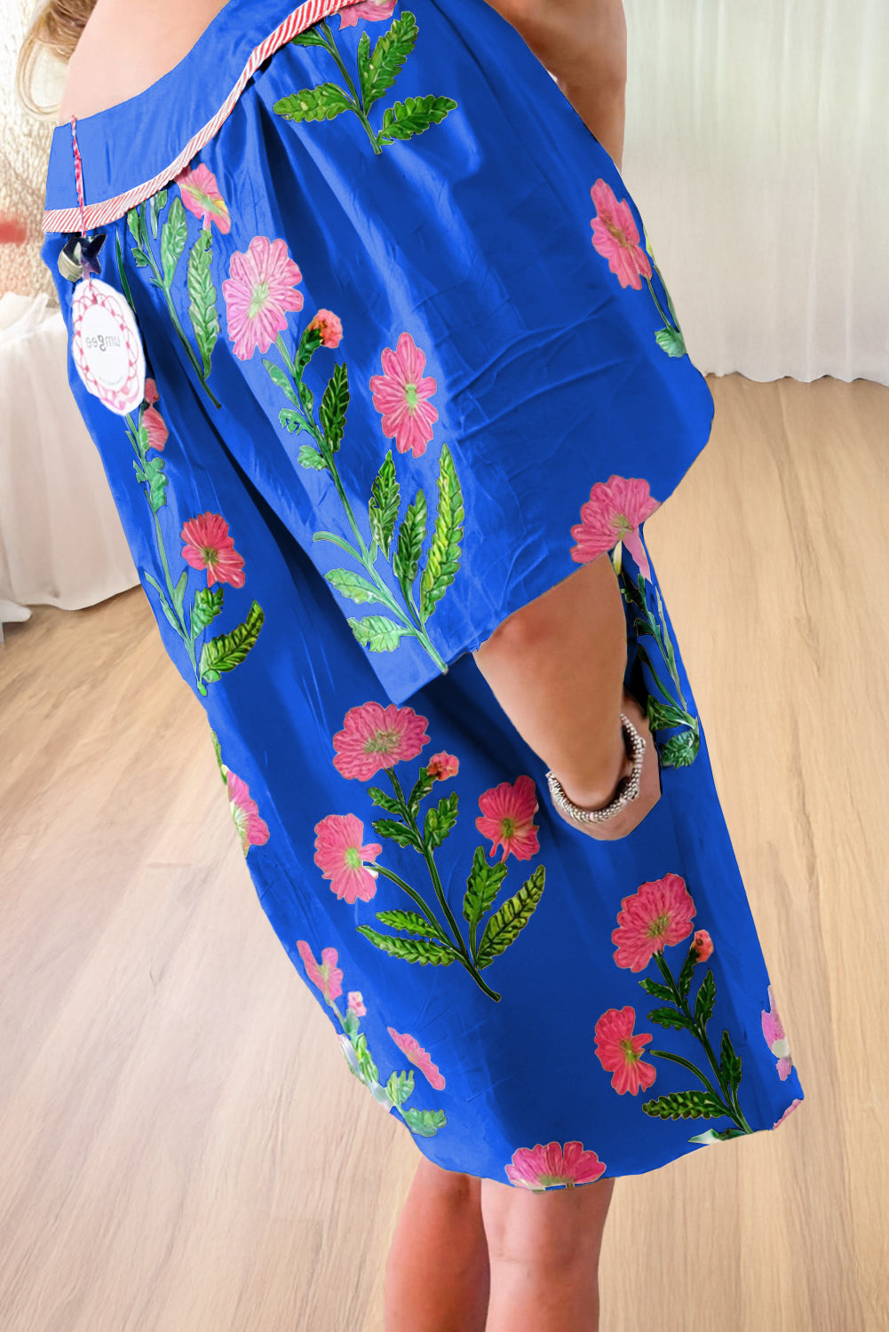 Blue Striped Trim Short Sleeve Split Neck Floral Mini Dress