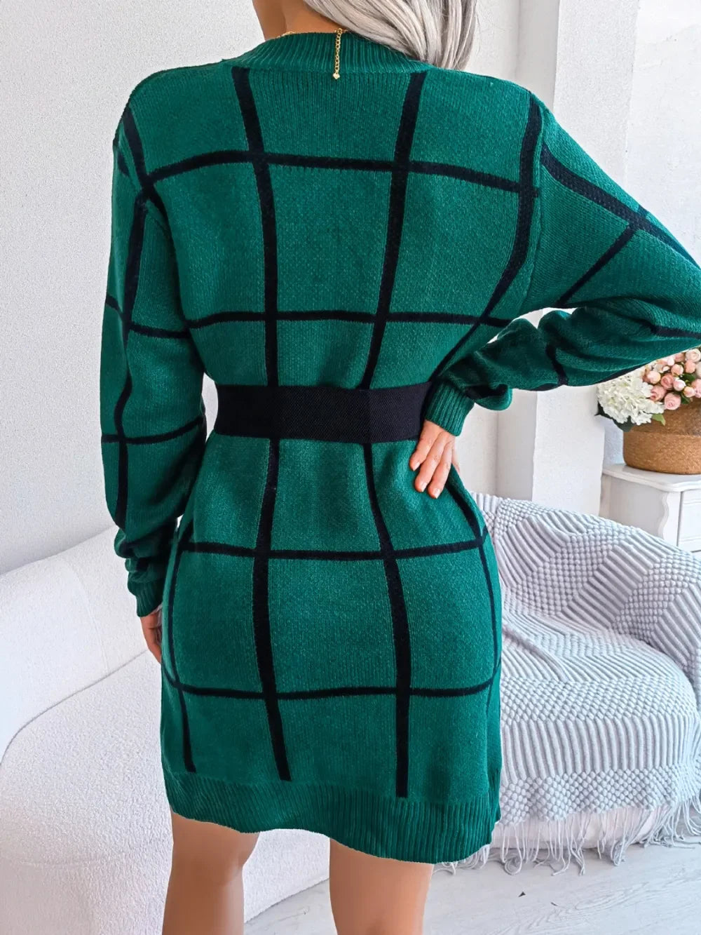 Plaid Round Neck Dropped Shoulder Sweater Dress - tif-shop24.de