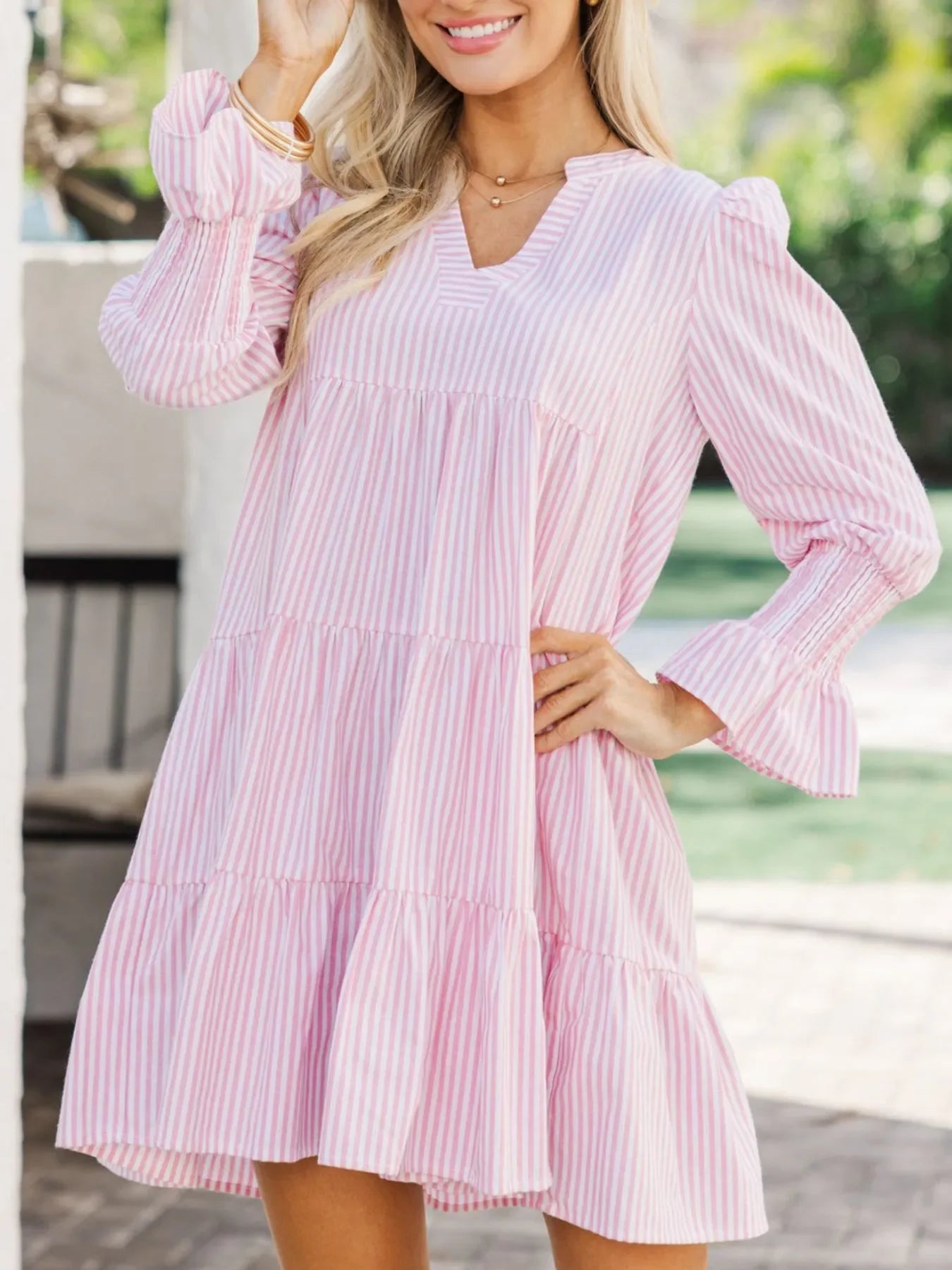 Striped Tiered Flounce Sleeve Shirt Dress - tif-shop24.de