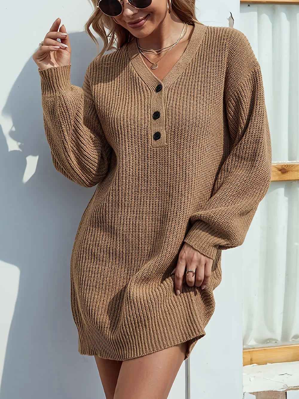 V-Neck Dropped Shoulder Mini Sweater Dress - tif-shop24.de