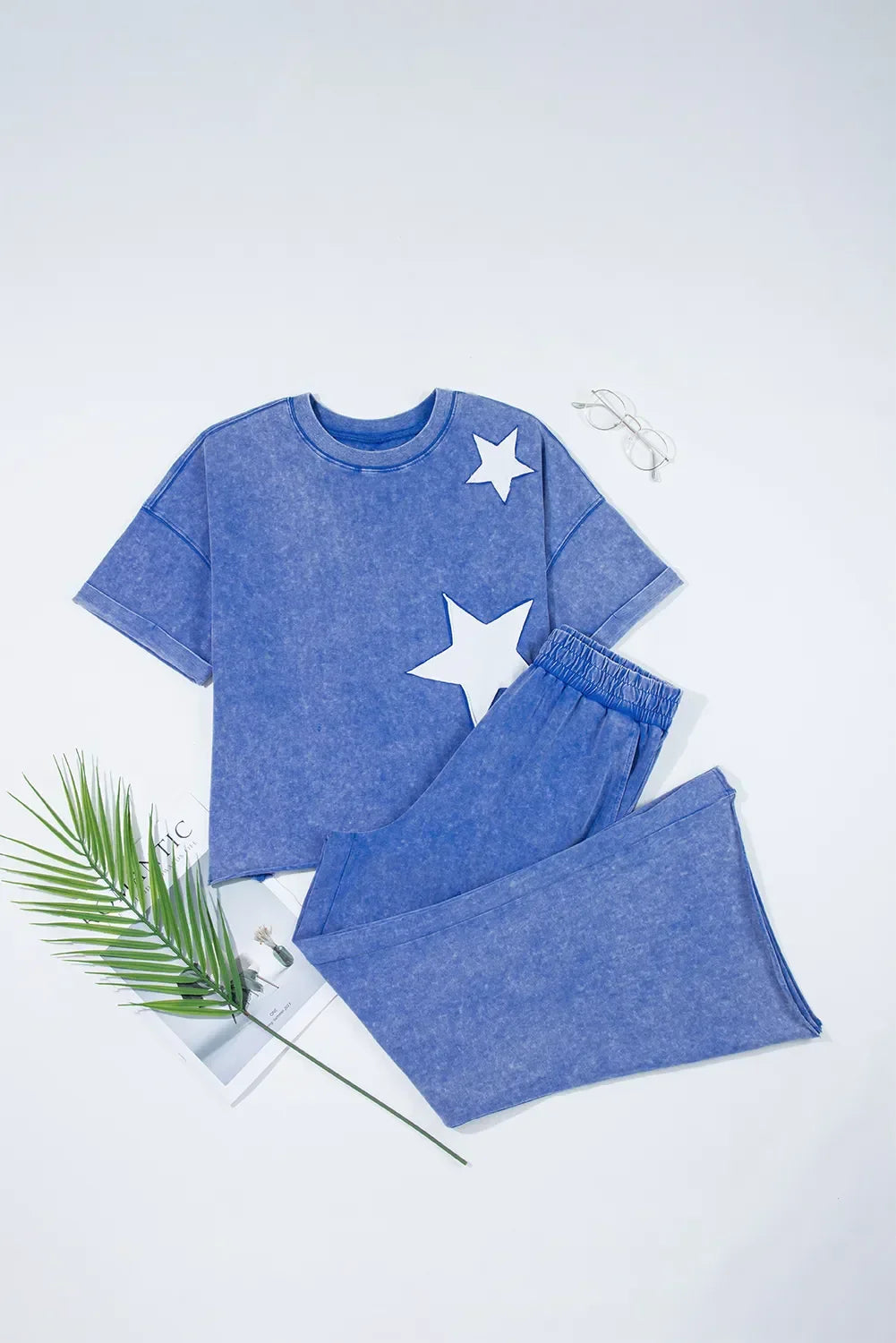 Acid Wash Star Patched Rolled Trim Top and Pants Set - tif-shop24.de