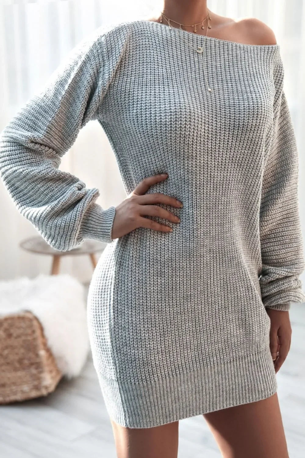 Boat Neck Long Sleeve Mini Sweater Dress - tif-shop24.de
