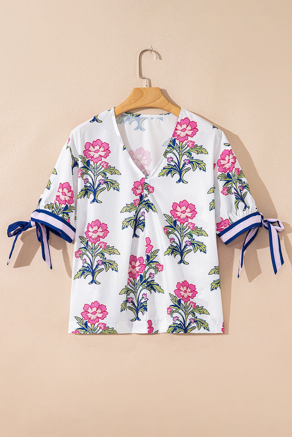 White Floral Print Knot Bubble Sleeve V Neck Blouse