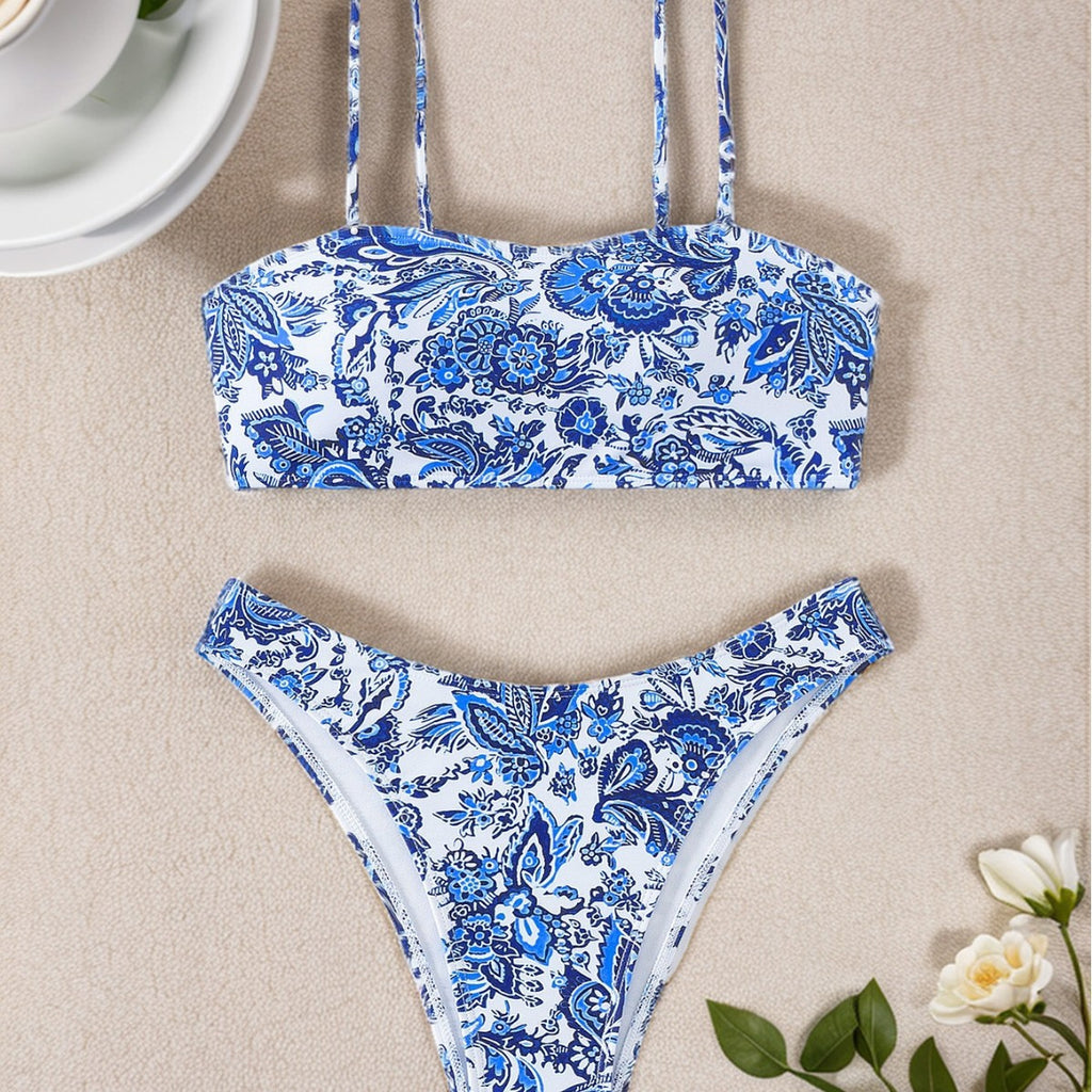 Bikini European and American Style Blue and White Porcelain Print Sexy Two-Piece Swimsuit for Women