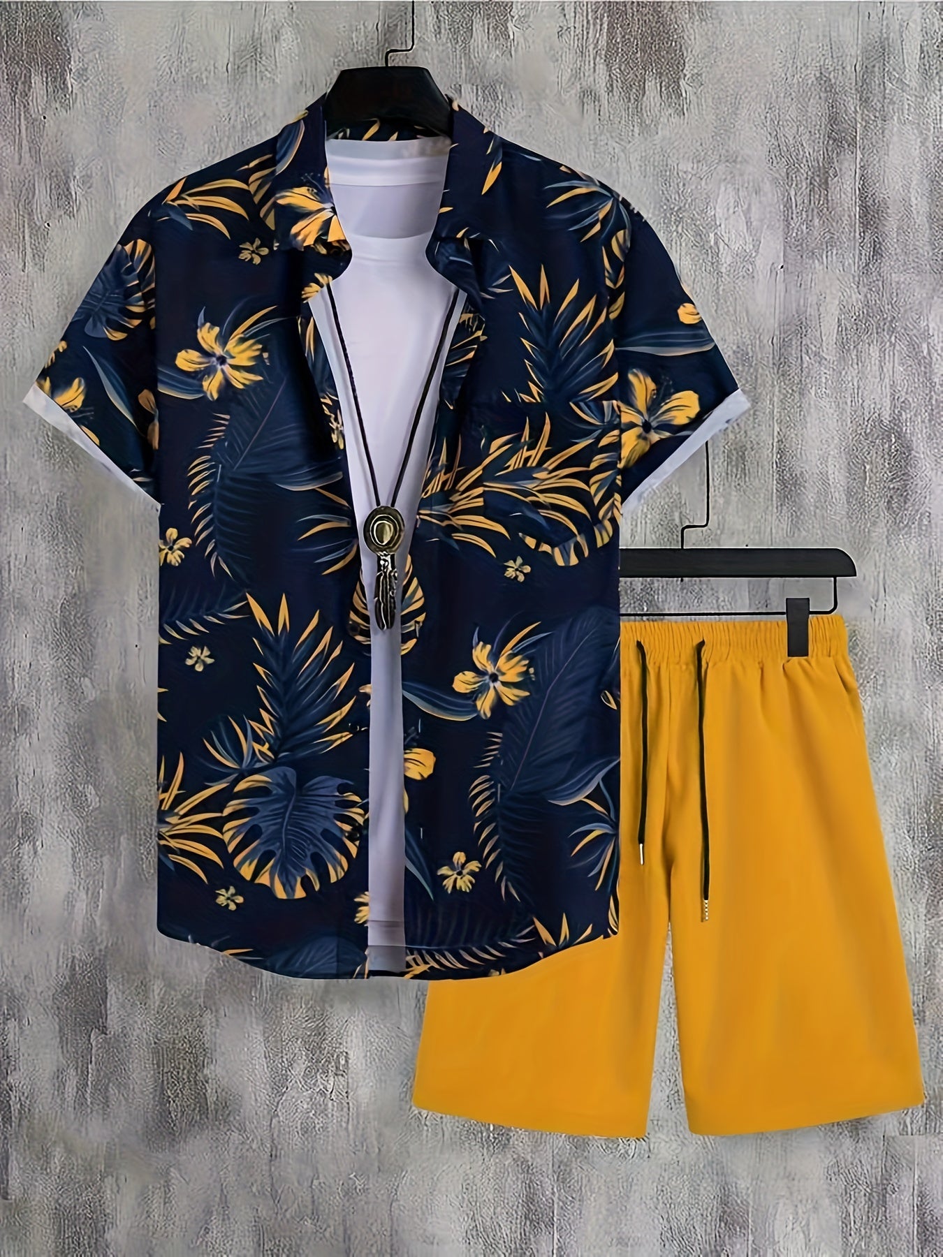 Blumen- Und Blattdruck, 2-teiliges Herren-Outfit, Lässiges Camp-Kragen-Revers-Knopf-Kurzarmhemd, Hawaiihemd Und Kordelzug-Shorts