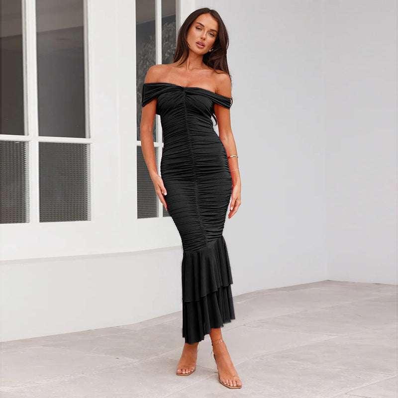 One shoulder double-layer fish tail hem women's pleated dress - tif-shop24.de