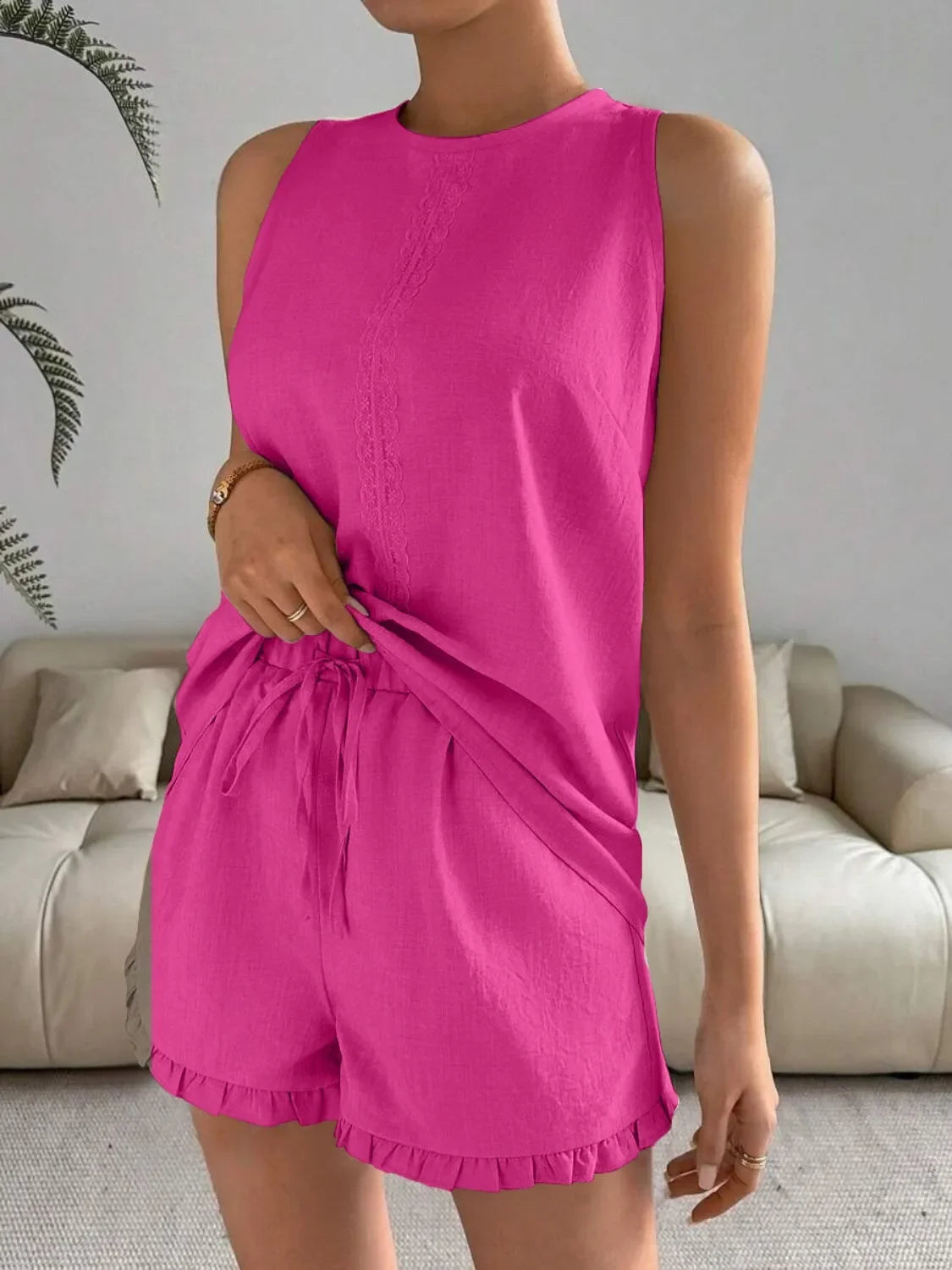 Lace Detail Round Neck Tank and Shorts Set - tif-shop24.de