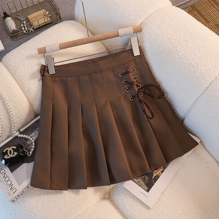 Campus Style Tie Waist Pleated Skirt, High Waist Slim Fit, Pure Color A-Line Mini Skirt, Casual Summer Sporty Look