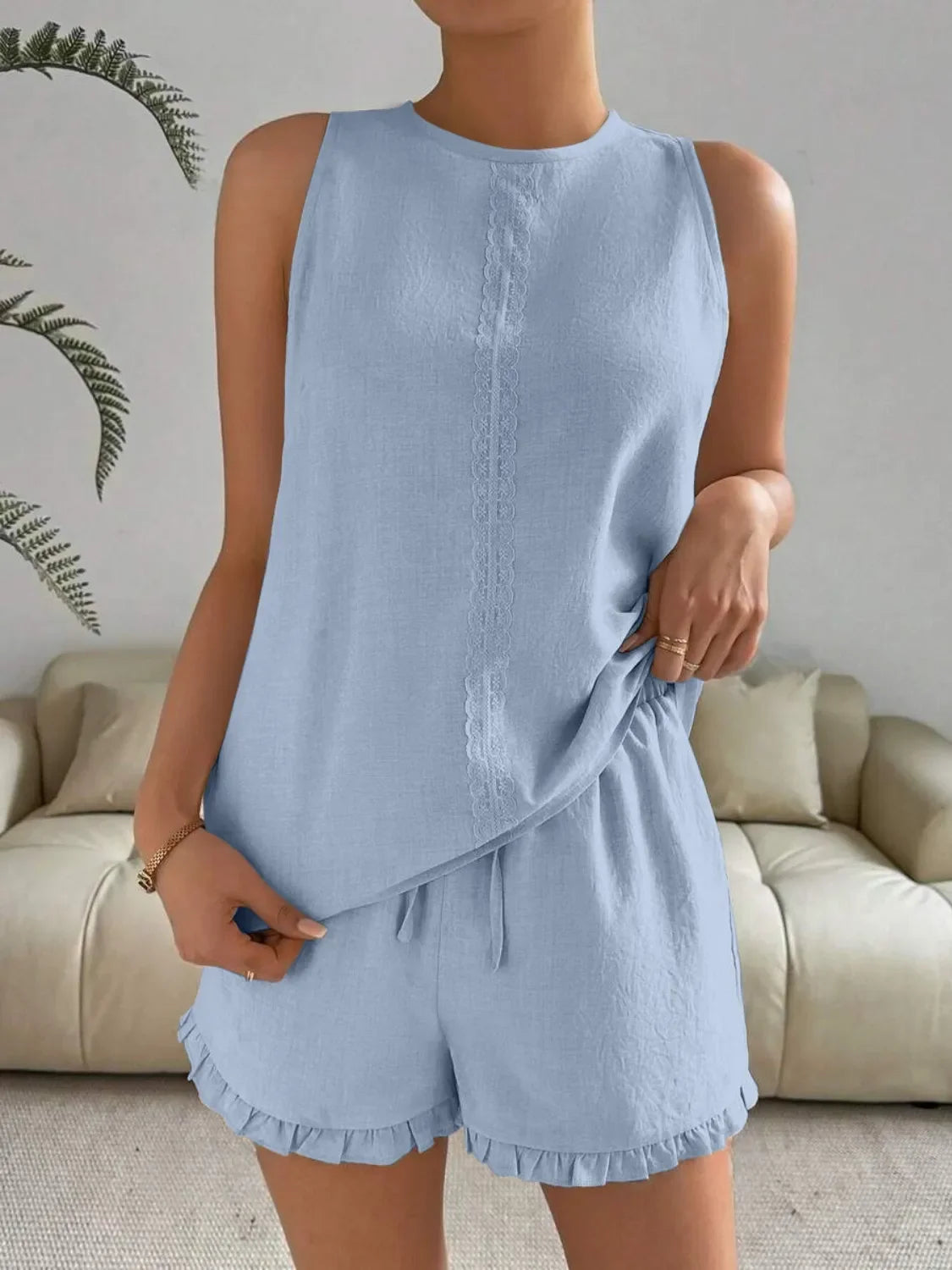 Lace Detail Round Neck Tank and Shorts Set - tif-shop24.de