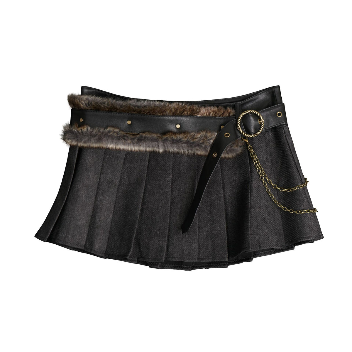 Splicing waist belt pleated mini skirt