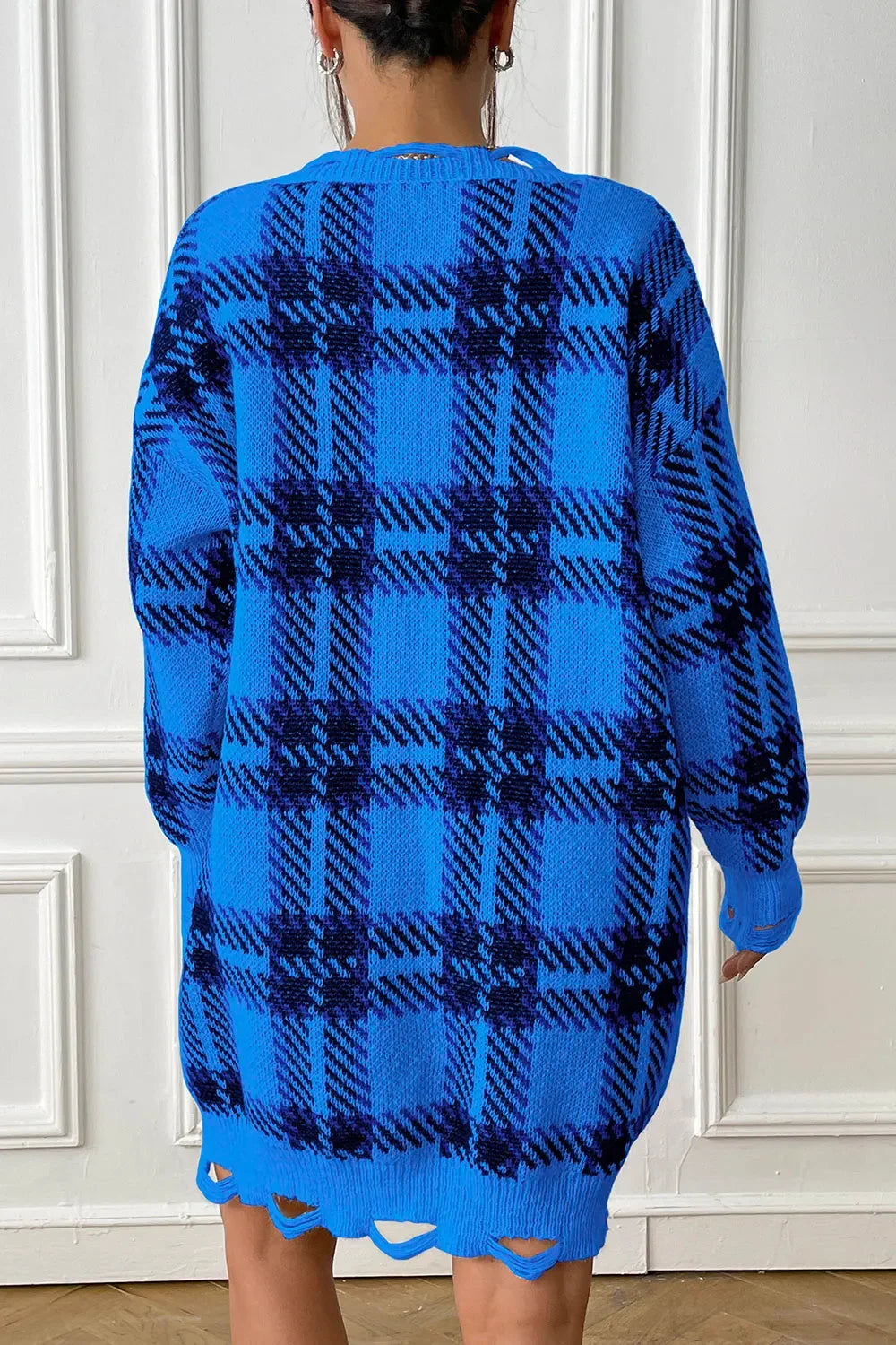 Plaid V-Neck Long Sleeve Sweater Dress - tif-shop24.de